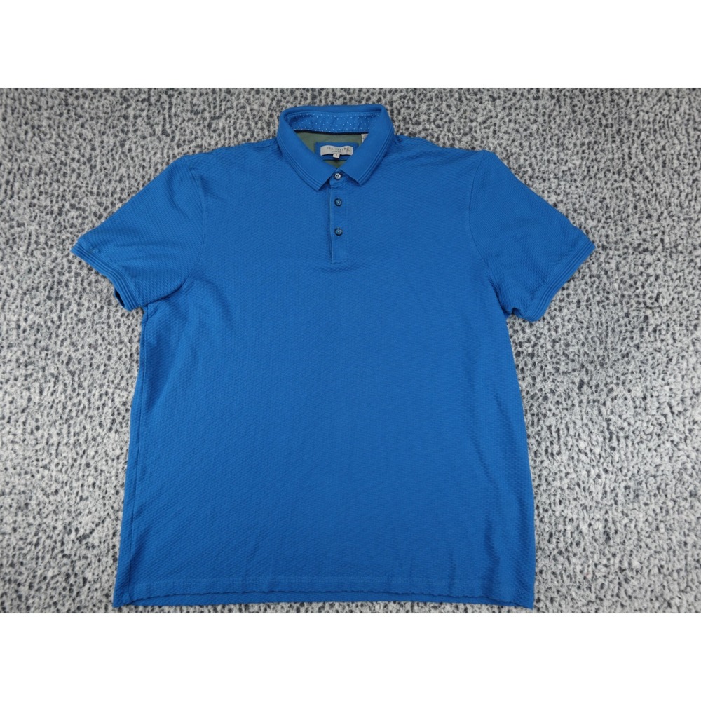 Ted Baker London Polo Shirt Mens 6 Blue Textured Cotton Polka Dot Trim Short Slv
